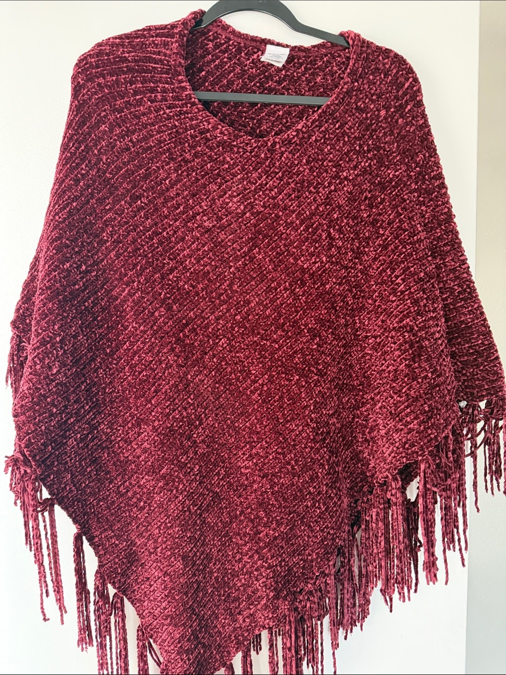 Chenille Fringe Poncho Sweater - Burgundy